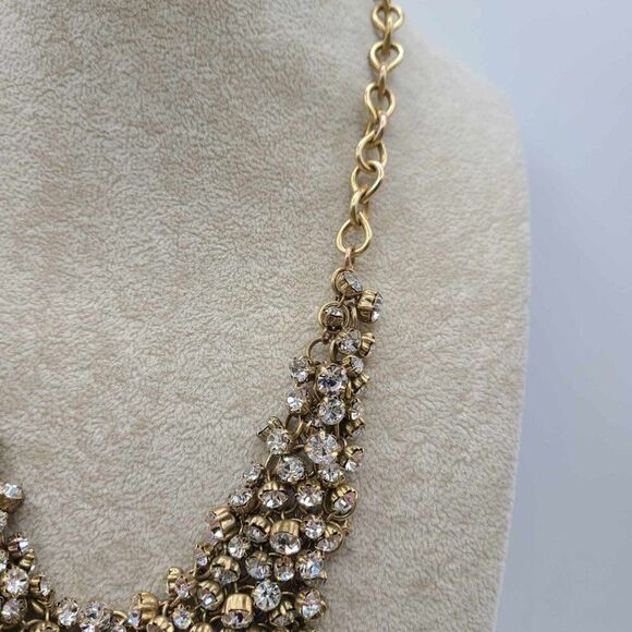 J Crew Clear Crystal Gold Tone Bib Necklace Vintage - Picture 9 of 12